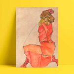 Kneeling Girl in Orange Red Dress - Görsel 2