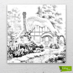 Mavi-çatılı-ev-çizilmiş-tuval