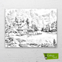 Nehir-kıyısında-ev-cizilmis-tuval